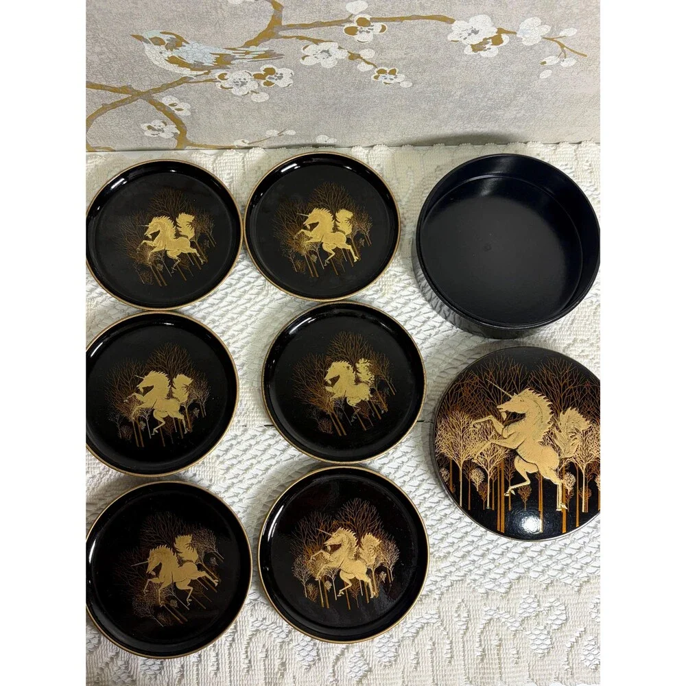 Vintage Otagiri Japan Black Gold Lacquer Unicorn Coaster Set with Lidded Box